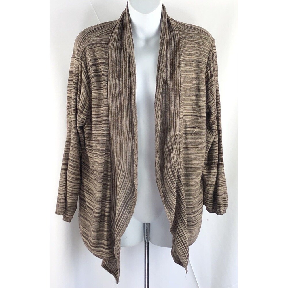 Vtg OpenFront Cardigan Sweater 1X Brown stripe Shawl Collar Cottage Booho Grunge